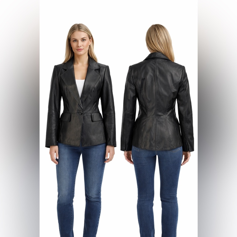 Ellen Tracy Genuine Black Leather Blazer Jacket Tailored Fit Single Button SZ 2